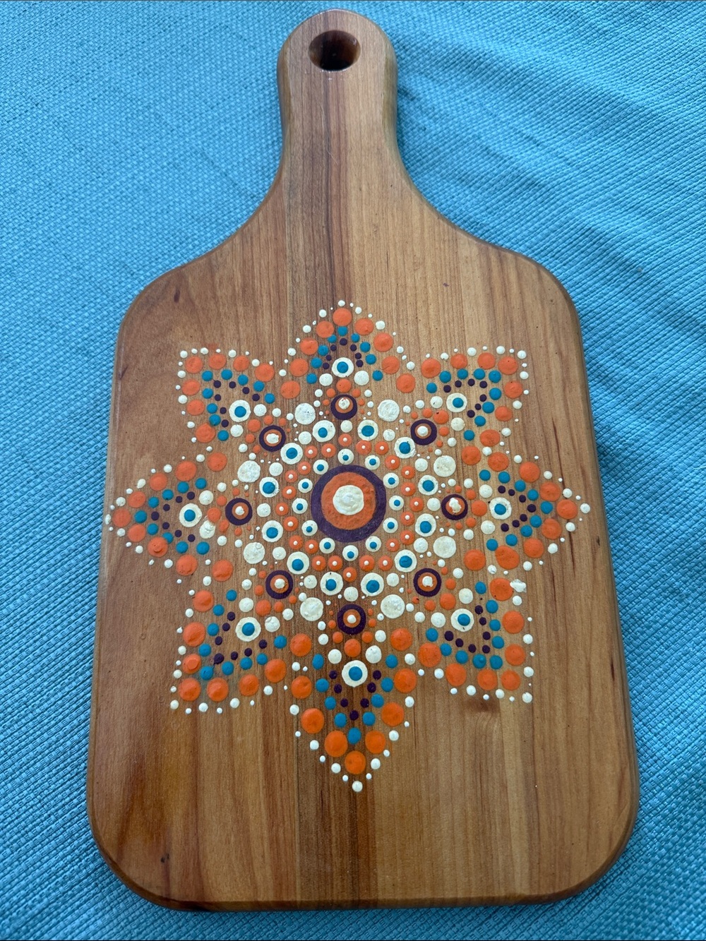 Hand-Painted Wood Home Art Painting with Orange and Blue Dot Mandala